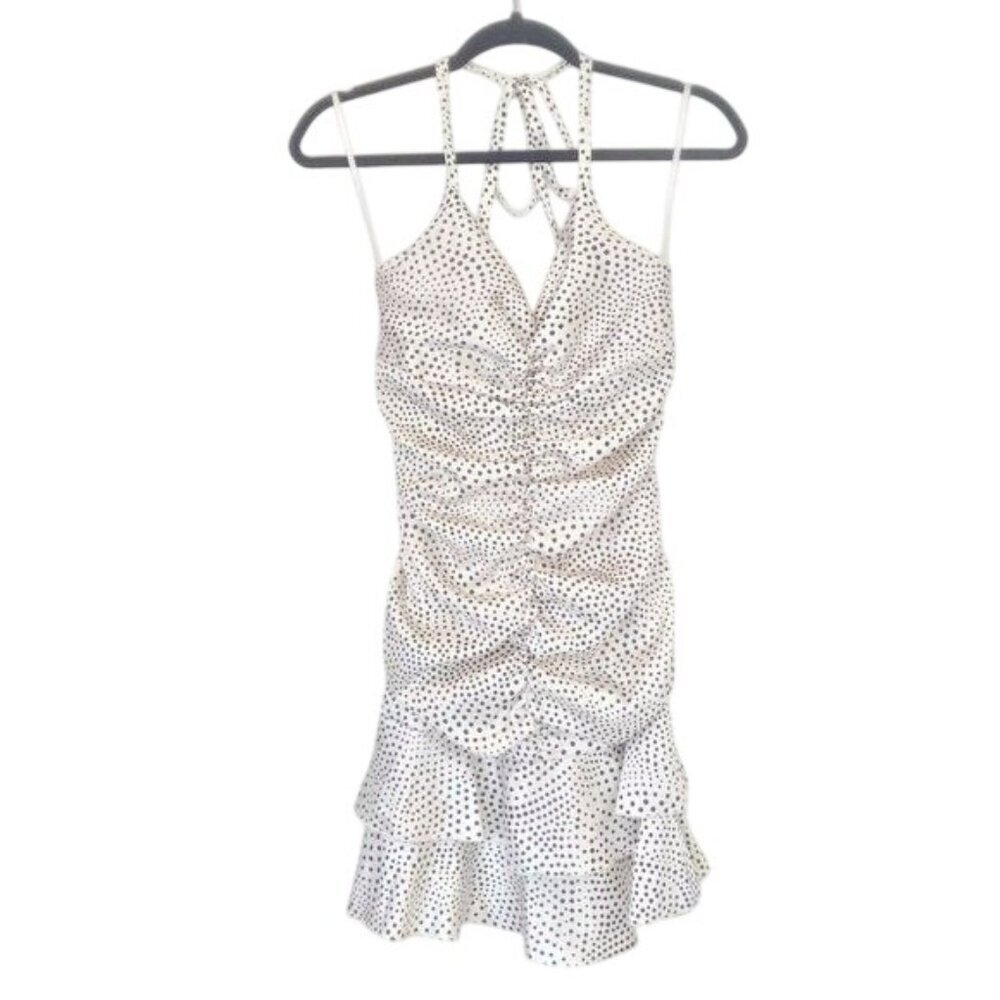 Jessica McClintock Polka Dot Ruched Halter Mini Dress With Ruffle Hem 6P Y2K